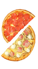 Pizza, two halves isolated on a white background. Versus concept. Appetizing pizza.