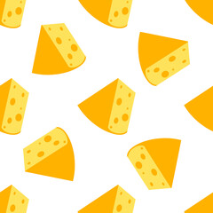 Cheese seamless pattern. Pieces of yellow cheese, isolated on a white background. Pieces of cheese of various shapes. Vector flat illustration