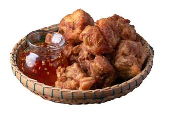Fried Chicken Karage Chicken with Dip in a Bamboo Basket on a white background