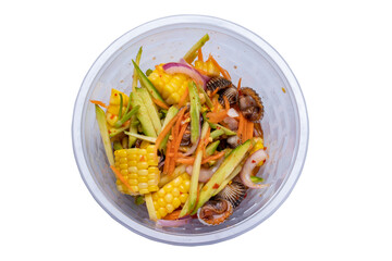 Spicy mussels with corn, Thai food in a plastic cup on a white background.