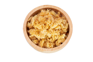 Pickled White Radish in a wooden cup on a white background.