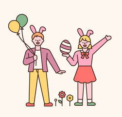 Easter characters. Boys and girls in rabbit headbands. They are holding balloons and Easter eggs in their hands. flat design style minimal vector illustration.