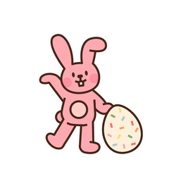 Cute easter bunny character. A pink rabbit stands with an Easter egg. flat design style minimal vector illustration.
