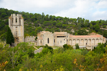 Fototapeta na wymiar Historical view of Castle of Abbey Sainte-Marie d'Orbieu in Lagrasse, France