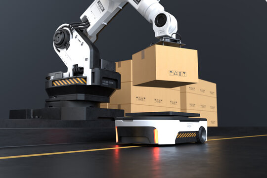 The Robot arm picks up the box to Autonomous Robot transportation in warehouses, Warehouse automation concept.