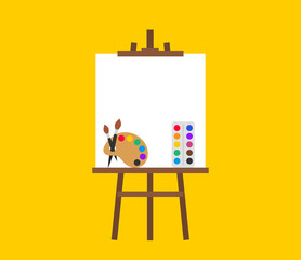 easel paint palette and brush vector illustration isolated on yellow background