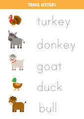 Tracing letters with cute farm animals. Writing practice.