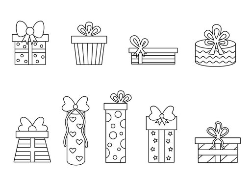 Color black and white presents. Coloring page for kids.