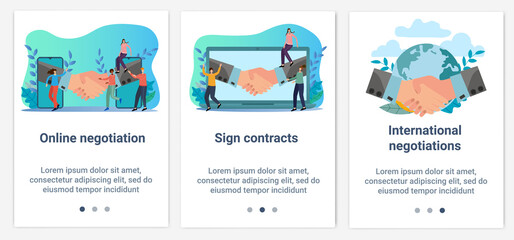 Modern flat illustrations in the form of a slider for web design. A set of UI and UX interfaces for the user interface.Topic Business negotiations and contract signing.