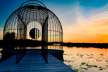 Sunset over the bridge in Ishøj, Denmark, Europe.  