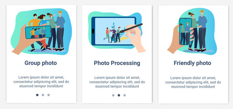 Modern flat illustrations in the form of a slider for web design. A set of UI and UX interfaces for the user interface.The theme is Taking photos on a smartphone and processing them.