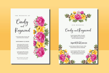 Fototapeta na wymiar Wedding invitation frame set, floral watercolor hand drawn Peony Flower design Invitation Card Template