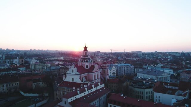 Old Town Vilnius during sunset. Aerial shot of beautiful cityscape with beautiful buildings.