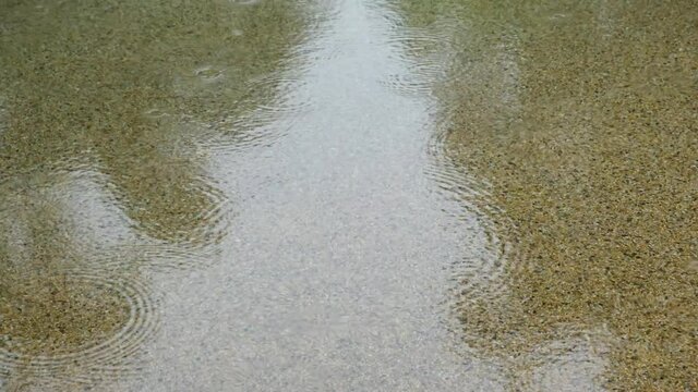 4k Panning Footage Of Persistent Rain Falling On A Shallow Pool Of Water