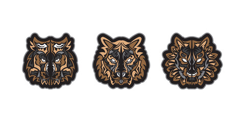 Samoan style tiger face set. Boho tiger face. Good for backgrounds, prints, apparel and textiles. Vector