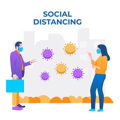 Social distancing, keep distance in public society people to protect from COVID-19 coronavirus outbreak spreading concept, businessman and woman keep distance away in the meeting with virus pathogens