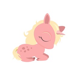 Little baby unicorn. Isolated object on a white background. Cheerful kind animal child. Cartoons flat style. Funny. Vector