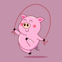 Vector illustration symbol icon character of cute happy pink pig.