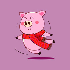 Vector illustration symbol icon character of cute happy pink pig.