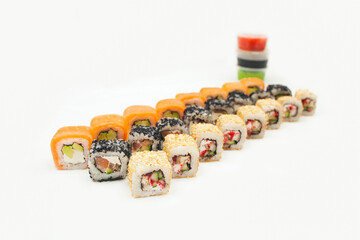 Set of rolls. Many different rolls. Japanese food.Chinese food. Sushi. Sushi of different colors.