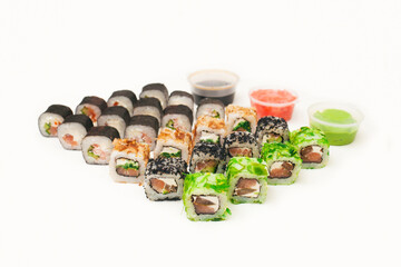 Set of rolls. Many different rolls. Japanese food.Chinese food. Sushi. Sushi of different colors.