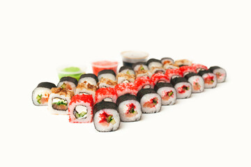 Set of rolls. Many different rolls. Japanese food.Chinese food. Sushi. Sushi of different colors.