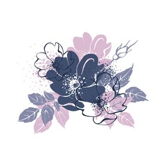 Image of blooming rosehip flowers in gray and pink colors. Flat vector illustration. Artistic graphics.