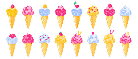 Set of different type and color of ice cream cone or sundae.