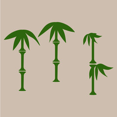 Fototapeta na wymiar Green bamboo stems with leaves on light beige square background