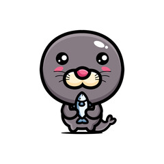 cartoon cute seal vector design holding a fish