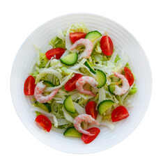 fresh summer salad of peking cabbage, cherry tomato, cucumber and shrimps isolated on white background