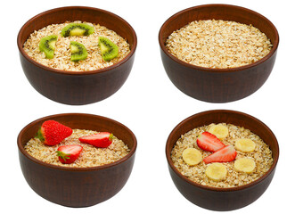 set of oatmeal with fruit strawberry banana kiwi isolated on a white background, healthy breakfast, diet and vegetarianism