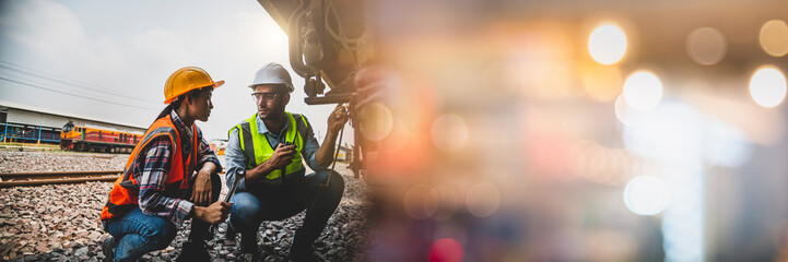 Team engineering use wrench repair train wheel, double exposure with bokeh, banner cover.	