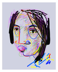 Face character of girl in abstract style icon symbol vector illustration. Line art, color, rough.