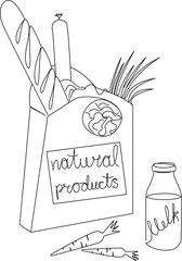 A bag with fresh food from the store. Food delivery. Proper nutrition, healthy lifestyle. One line, vector illustration. Ecological, organic, farm products