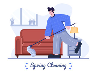 Spring Cleaning flat illustration with people mopping the floor. House cleaning at spring. Home clean up spring. Can be used for poster, banner, greeting card, postcard, presentation, animation, web.