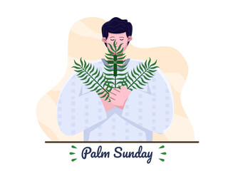 Happy Palm Sunday with Christian Pastor people bringing cross and palm leaves. Palm Sunday Christian holiday. Suitable for greeting card, invitation, banner, flyer, poster.