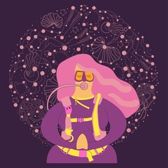 Girls in diving. Vector illustration. Scuba diving. Underwater, weightlessness, beautiful, woman, lifestyle, relaxation, flying, swimming, deep, exploring.