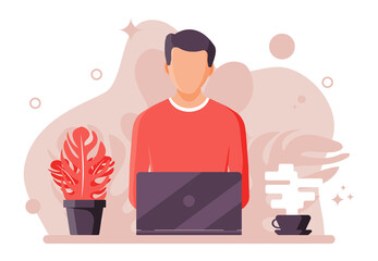 Freelancer boy works at home. Comfortable workplace interior with plant, coffee cup. Young man with laptop. Remote work online education. Flat vector illustration