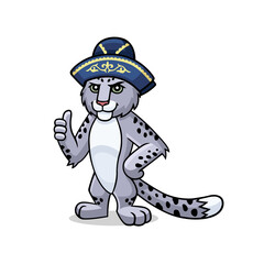 Vector cartoon comic doodle illustration, mascot, character, icon, logo of snow leopard, irbis  with thumb up, in kazakh national hat. Symbol of Kazakhstan