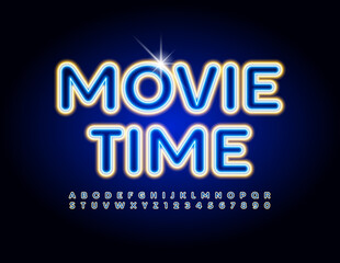 Vector event poster Movie Time. Light tube Font. Neon glowing Alphabet Letters and Numbers set