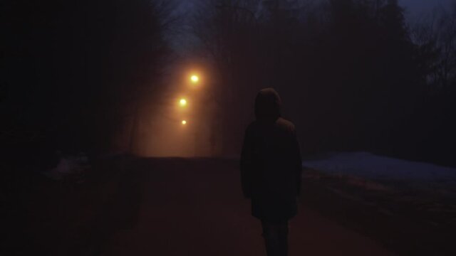 Person walking in light of street lamps, dark moody back view