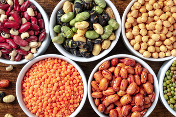 Legumes close-up. Various pulses, shot from the top