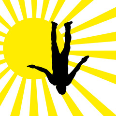 Parachutist against the sun in flight vector silhouette illustration isolated on white background.