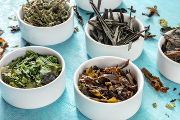 Sea vegetables assortment on a blue background