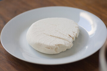 Fototapeta na wymiar Homemade Paneer, fresh Indian cottage cheese, on a white plate
