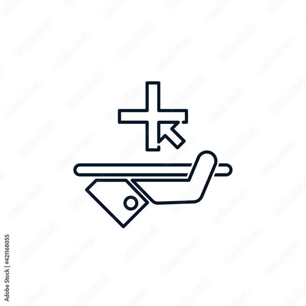 Poster hand, tray, plus, cursor. improved service concept, additional features. vector icon isolated on whi