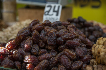Dried dates (fruits of date palm) for sale in the Mahane Yehuda Market, Jerusalem, Israel