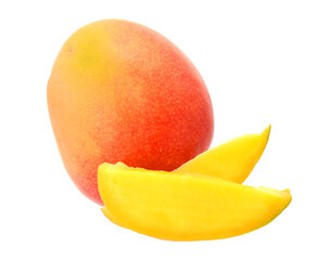 Ripe red yellow mango tropical fruit with slices closed up isolated on white