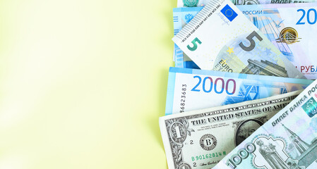 Banknotes of the USA, Europe, Russia. Currency exchange concept. International financial relations. Money background. Selective focus. Copy space.